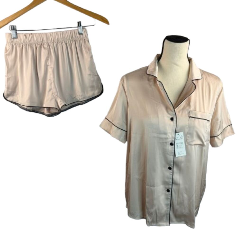 Cupshe NWT Satin Pink Button Top Shorts Two-Piece Sleepwear Pajama Set Size S